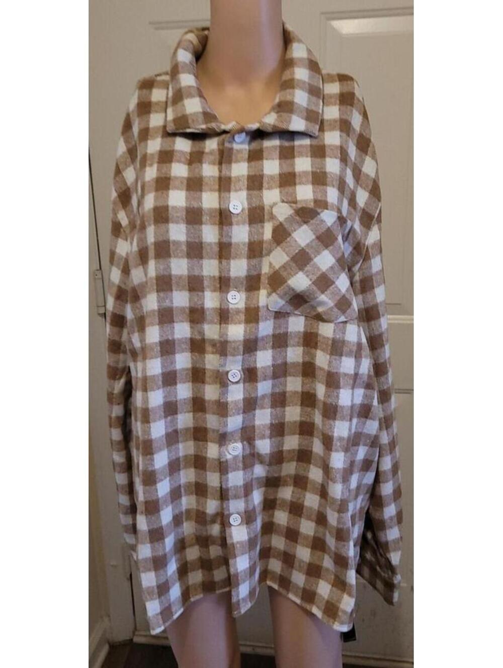 ZAFUL Men's Brown Cream Buffalo Plaid Oversized Flannel Button Up Shirt Size L